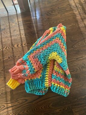Handmade Chunky Crochet Cardigan- Teal, Coral & Yellow